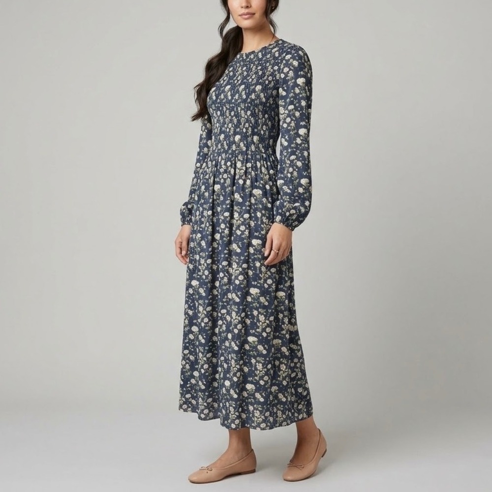 Hill House Home The Ruby Nap Maxi Dress Navy Floral Smocked Long Sleeve Medium
